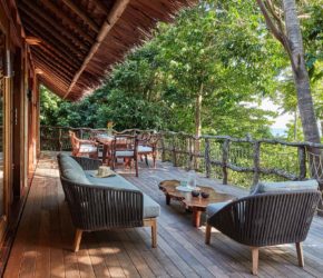 Jungle Lodge al fresco verandah in the trees at Bawah Reserve, Indonesia