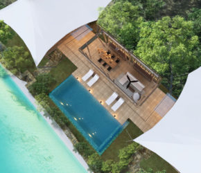 Aeriel view of Two-Bedroom Infinity Pool Villa with a private infinity pool, living, dining pavilion and a pool deck at Bawah Reserve, Indonesia