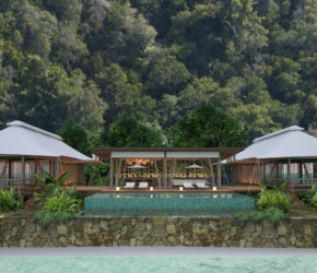 Front view of Two-bedroom infinity pool villa with a private infinity pool and direct access to the powdery-white sand beach , Bawah Reserve, Indonesia.
