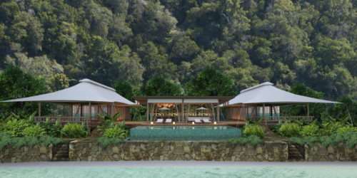 Front view of Two-bedroom infinity pool villa with a private infinity pool and direct access to the powdery-white sand beach , Bawah Reserve, Indonesia.