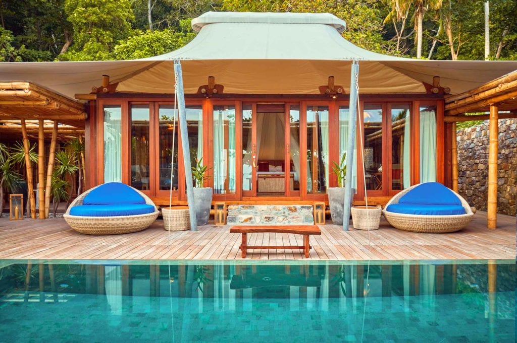 Pool Villa , deck and private pool, on private island sustainable resort Bawah Reserve, Indonesia