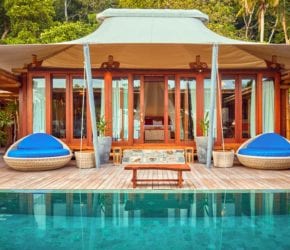 Pool Villa , deck and private pool, on private island sustainable resort Bawah Reserve, Indonesia