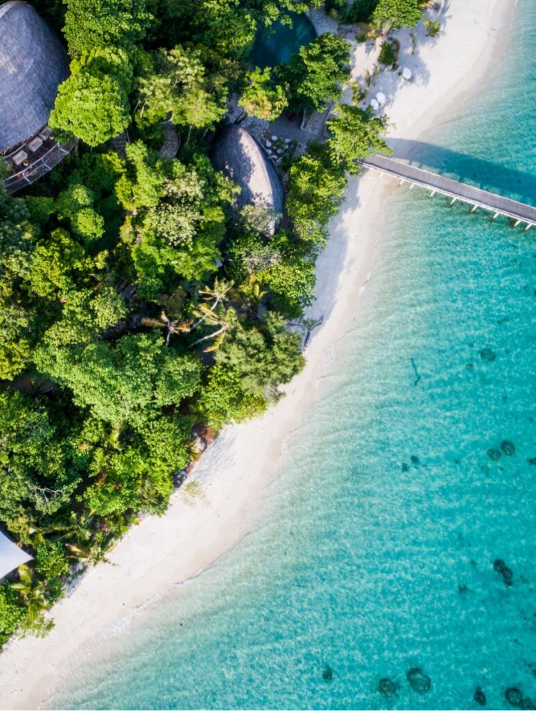 Aerial view of the jetty at Bawah Reserve, Indonesia .