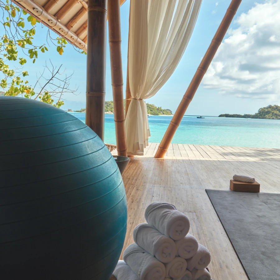 Activities deck at Aura wellbeing centre and resort gym, Bawah Reserve, Indonesia.