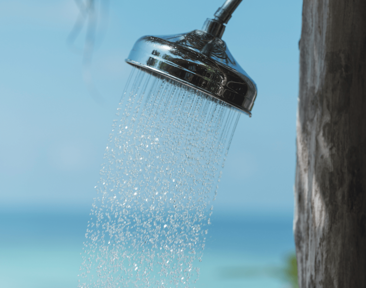 Outdoor shower at Bawah Reserve, Indonesia.