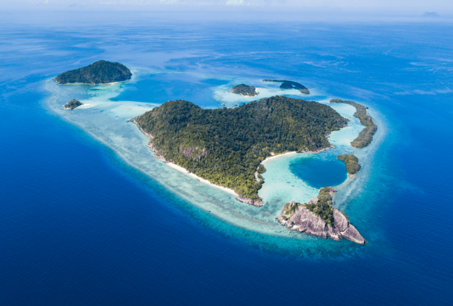 Bawah Reserve, Indonesia, private island hotel and resort with 6 islands, aerial view.