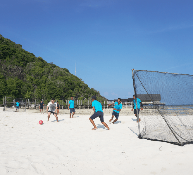 Activities at Bawah Reserve, Indonesia, beach football with the activities team.