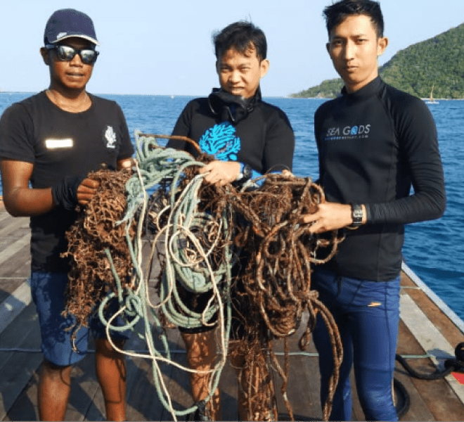 Beach and sea clean up, ghost nets at Bawah Reserve, Indonesia.