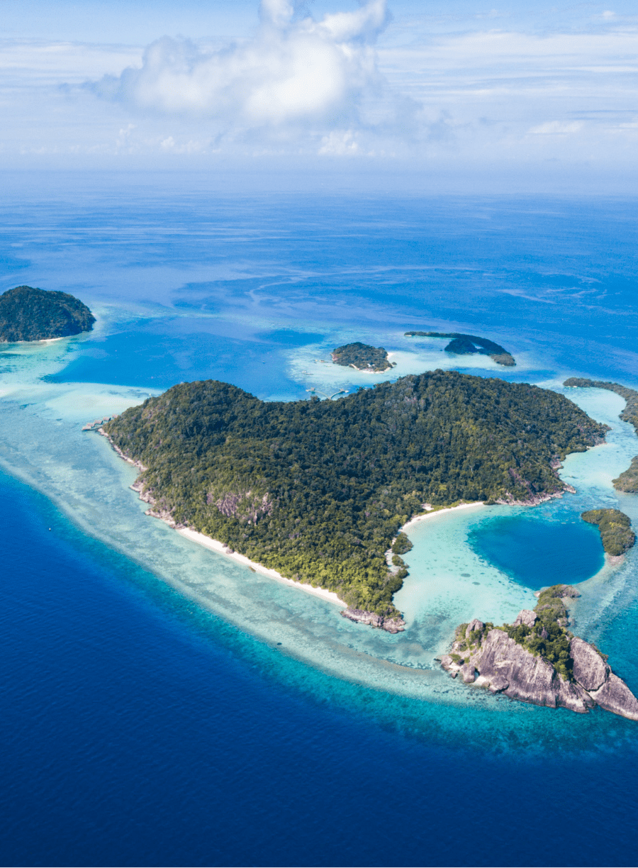 6 islands aerial image of Bawah Reserve, Indonesia.