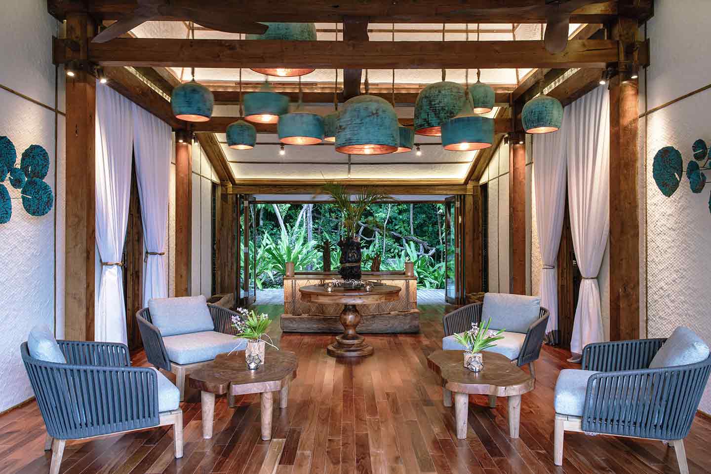 Private spa reception area at Elang Private Residence, an exclusive buyout island at Bawah Reserve, Indonesia.