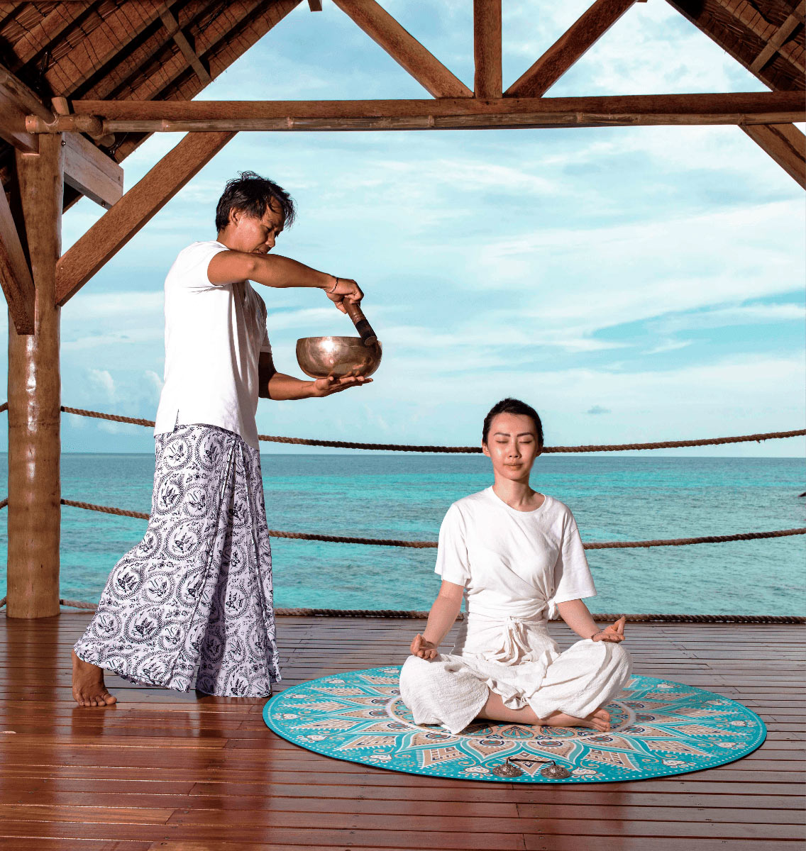 Yoga and meditation deck on Elang private residence, exclusive private island at Bawah Reserve, Indonesia.